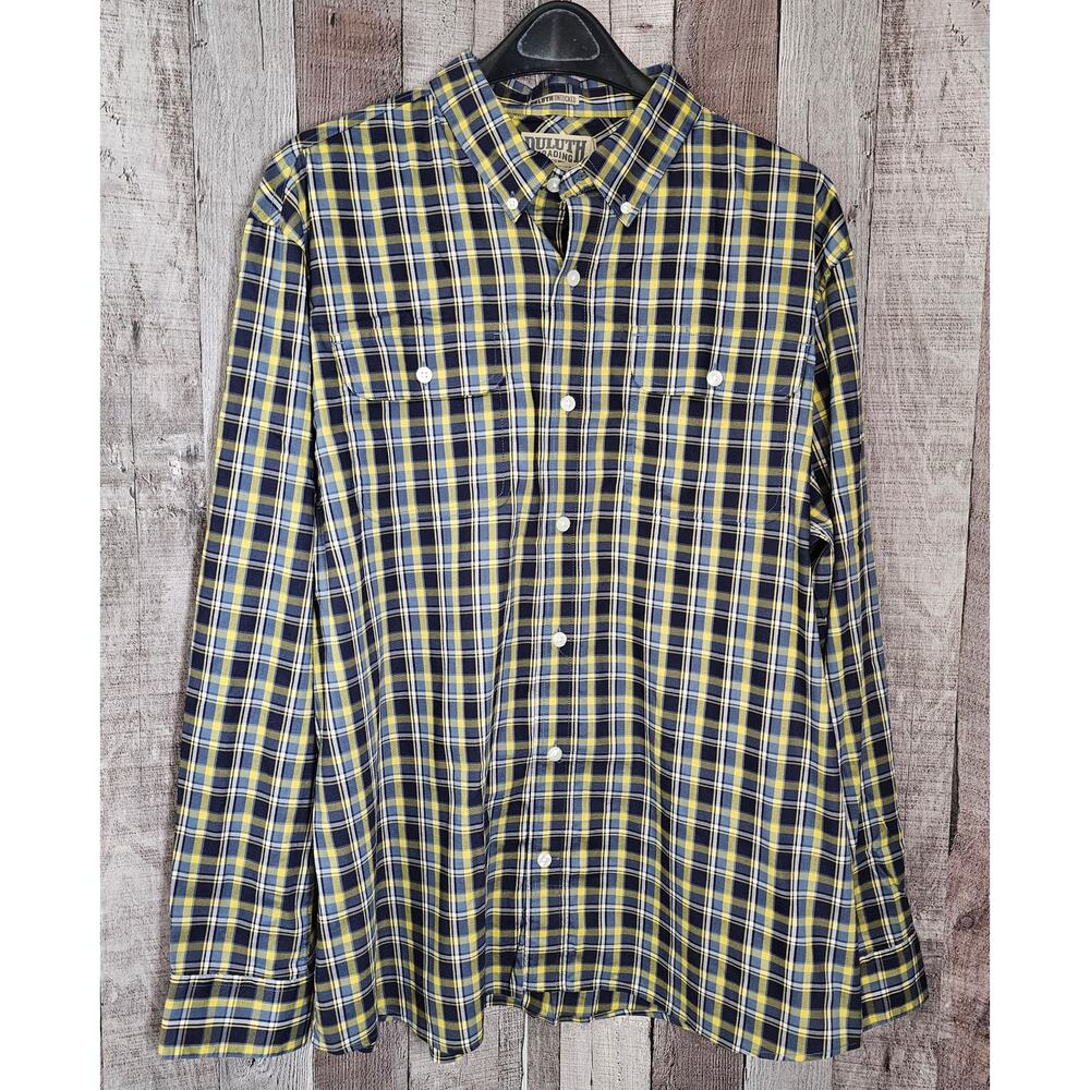 DULUTH TRADING Untucked Blue Yellow Plaid Long Sleeve Button Down SHIRT Men's XL
